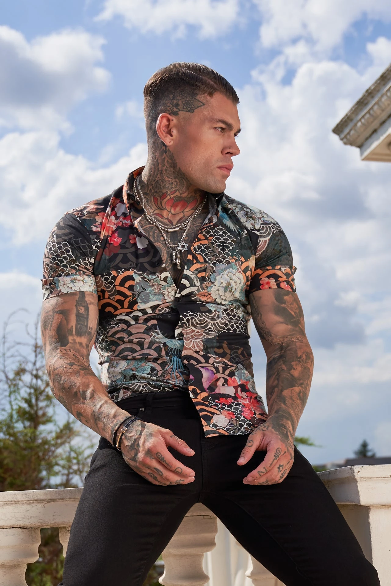 Father Sons Super Slim Stretch Multi Oriental Print Short Sleeve With Button Down Collar - FS766 - Image 8