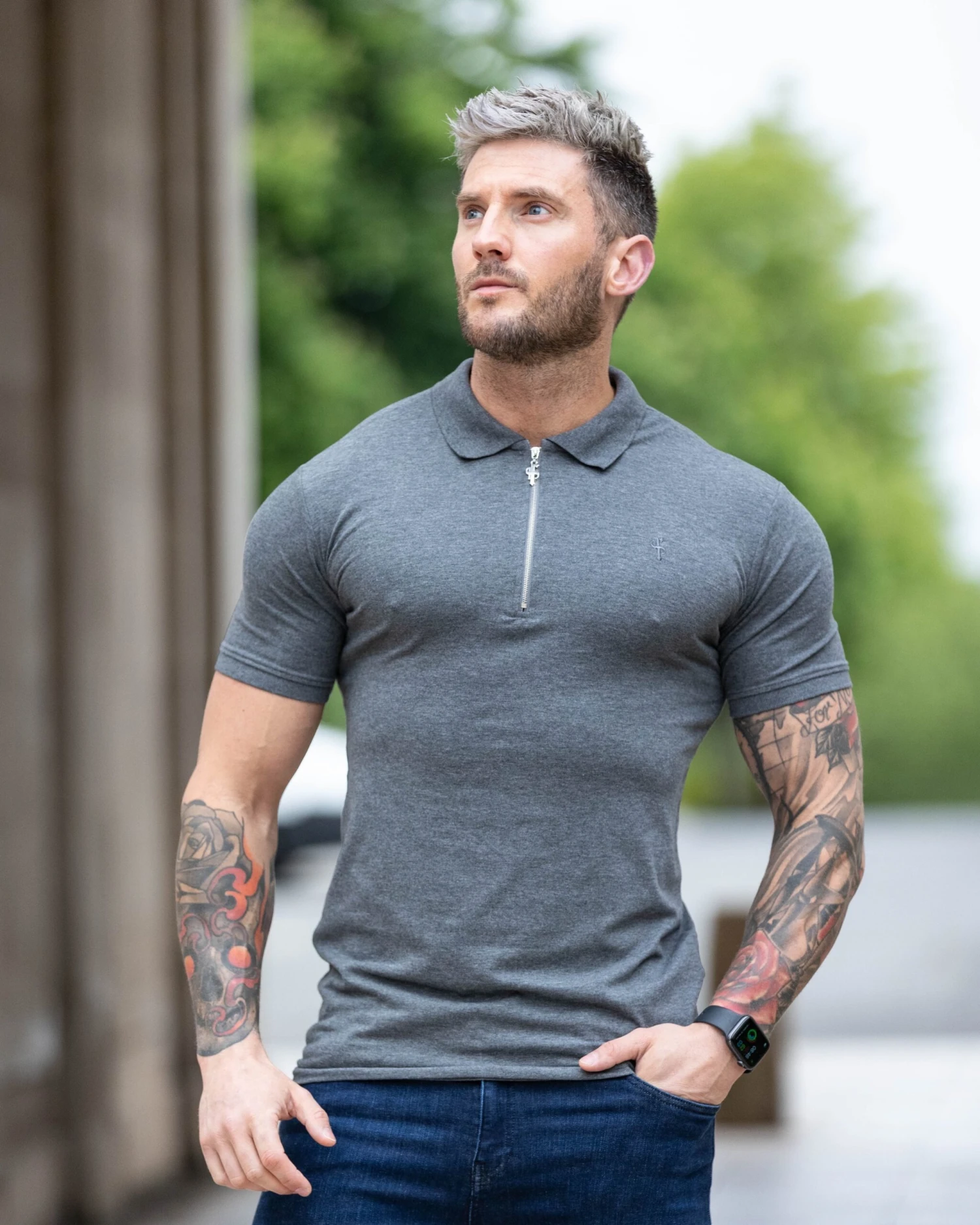 Father Sons Classic Dark Grey And Silver Zipped Polo Shirt - FSH812 - Image 5