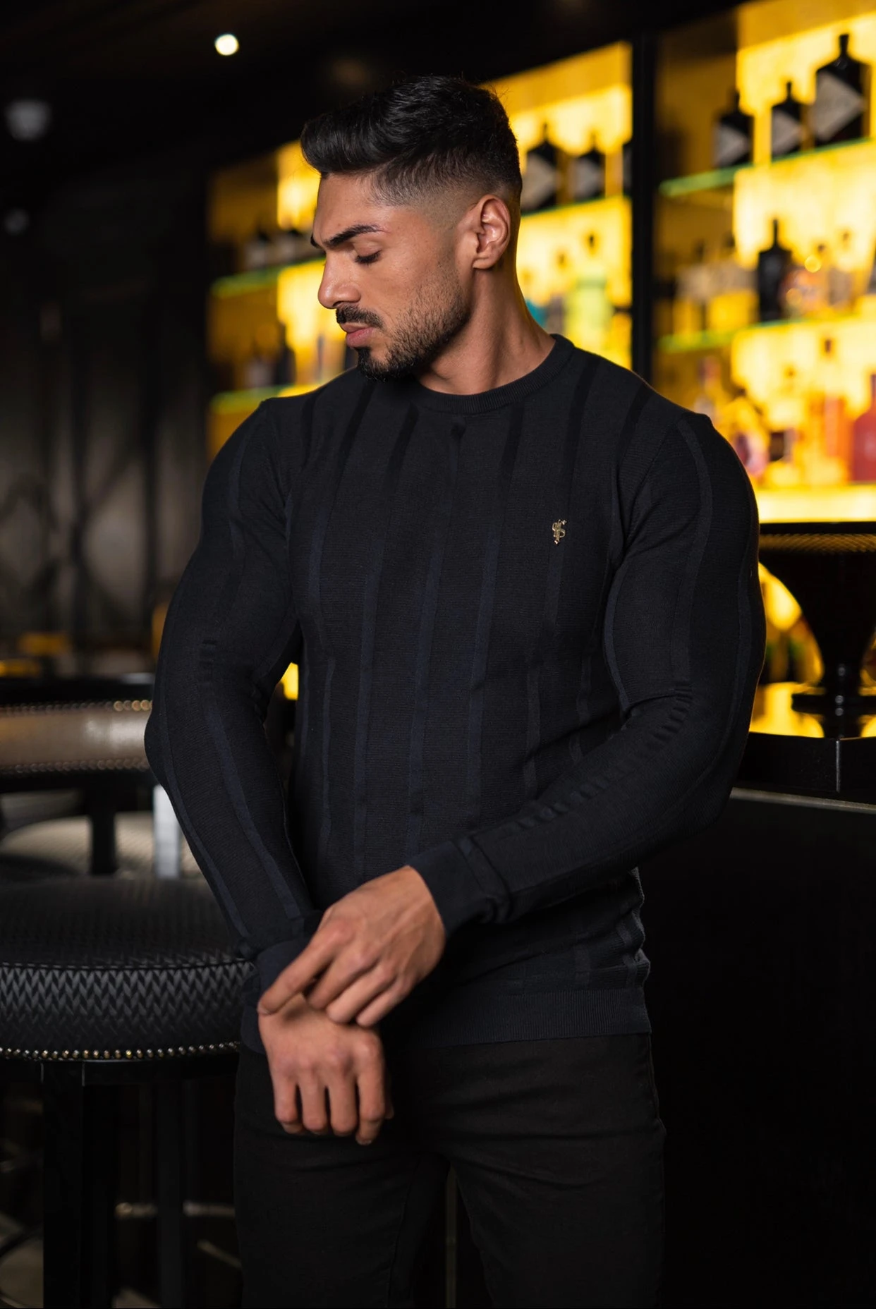 Father Sons Classic Long Sleeve Black Knitted Wide Rib Crew With Gold Emblem - FSH607 - Image 3
