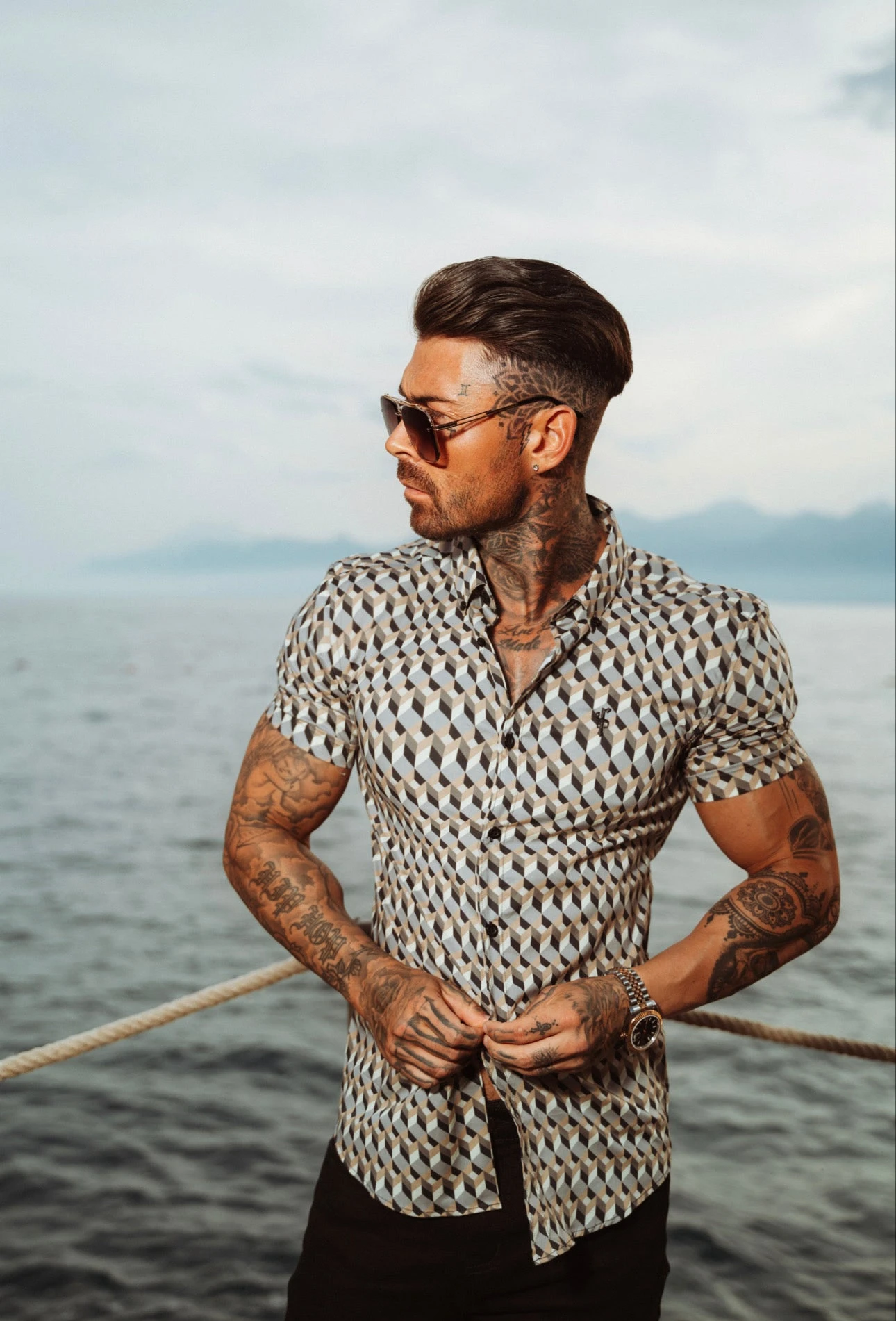 Father Sons Super Slim Stretch Grey / Beige Chevron Print Short Sleeve With Button Down Collar - FS905 - Image 2