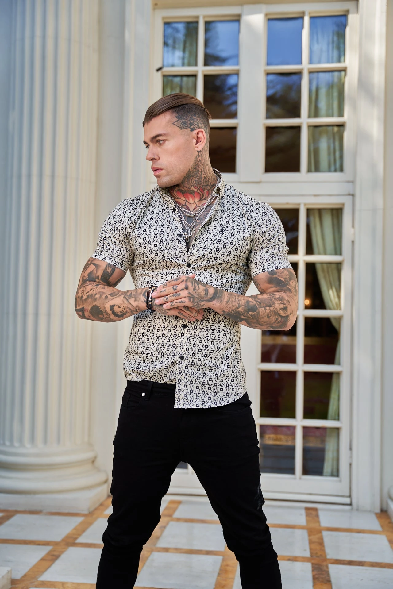 Father Sons Super Slim Stretch Ecru / Black Geo Flower Print Short Sleeve With Button Down Collar - FS788 - Image 8