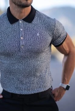 Father Sons Classic Grey / Black Ribbed Polo Shirt Short Sleeve With Metal Emblem - FSH552
