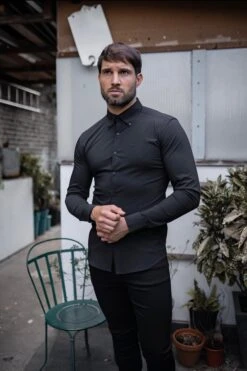 Father Sons Black Regular Stretch Shirt With Button Down Collar And Black Embroidery - FS590(LAST CHANCE)