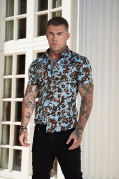 Father Sons Super Slim Stretch Multi Colour Abstract Leopard Print Short Sleeve With Button Down Collar - FS790
