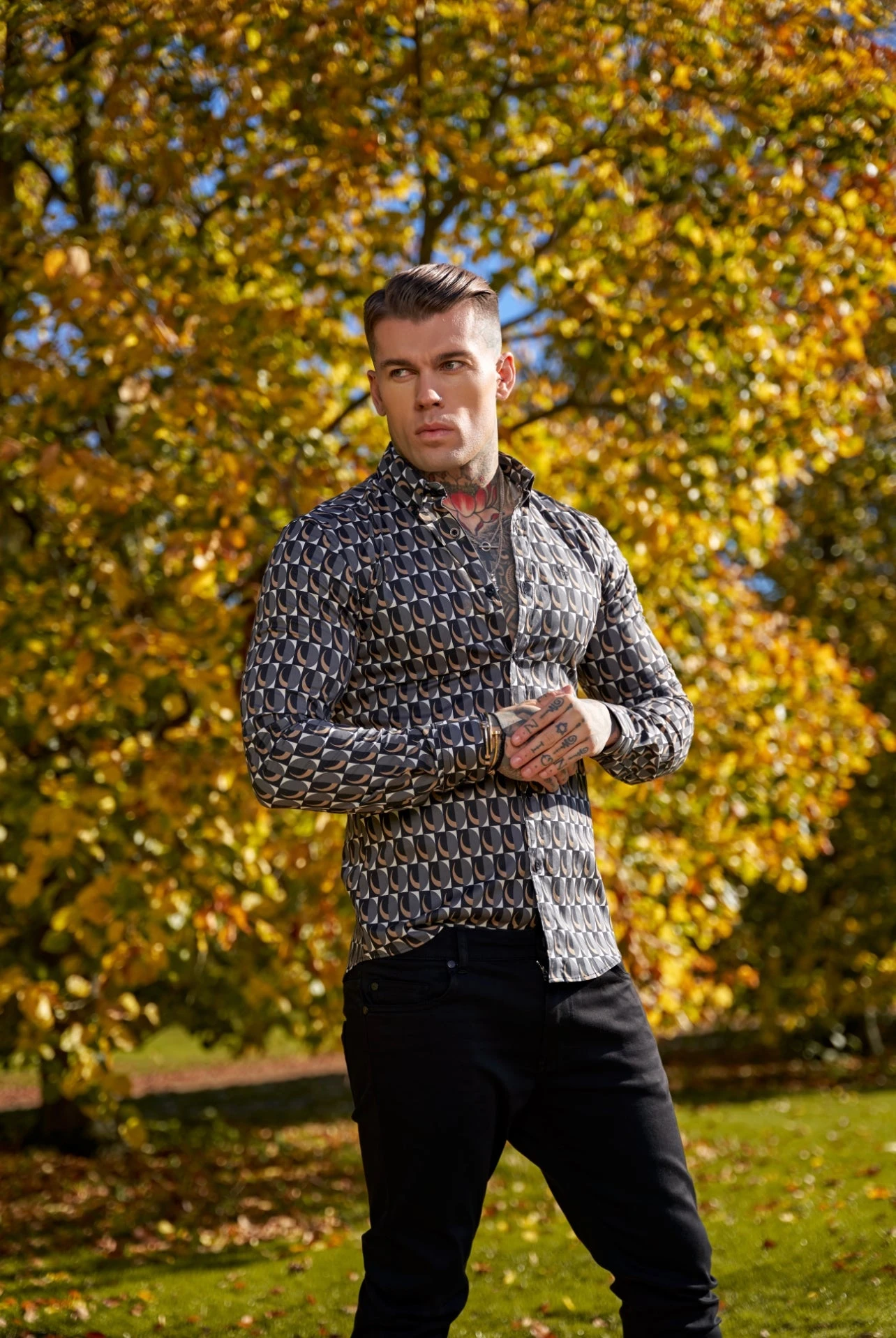 Father Sons Super Slim Stretch Black Multi Retro Print Long Sleeve With Button Down Collar - FS910 - Image 11