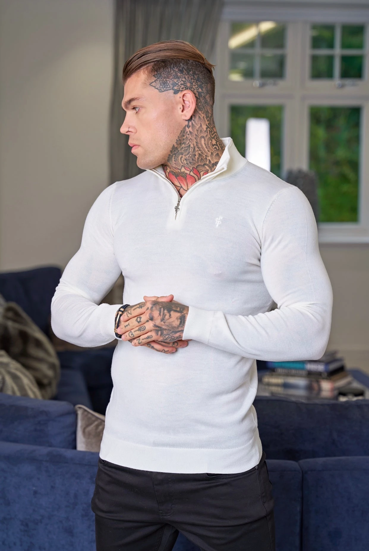 Father Sons Classic White Merino Wool Knitted Funnel Neck Zip Long Sleeve Jumper With FS Embroidery- FSN021 - Image 4