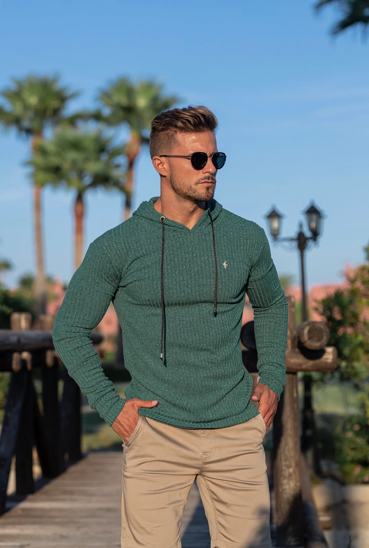 Father Sons Classic Forest Green / Gold Ribbed Knit Hoodie Jumper - FSH508 - Image 8