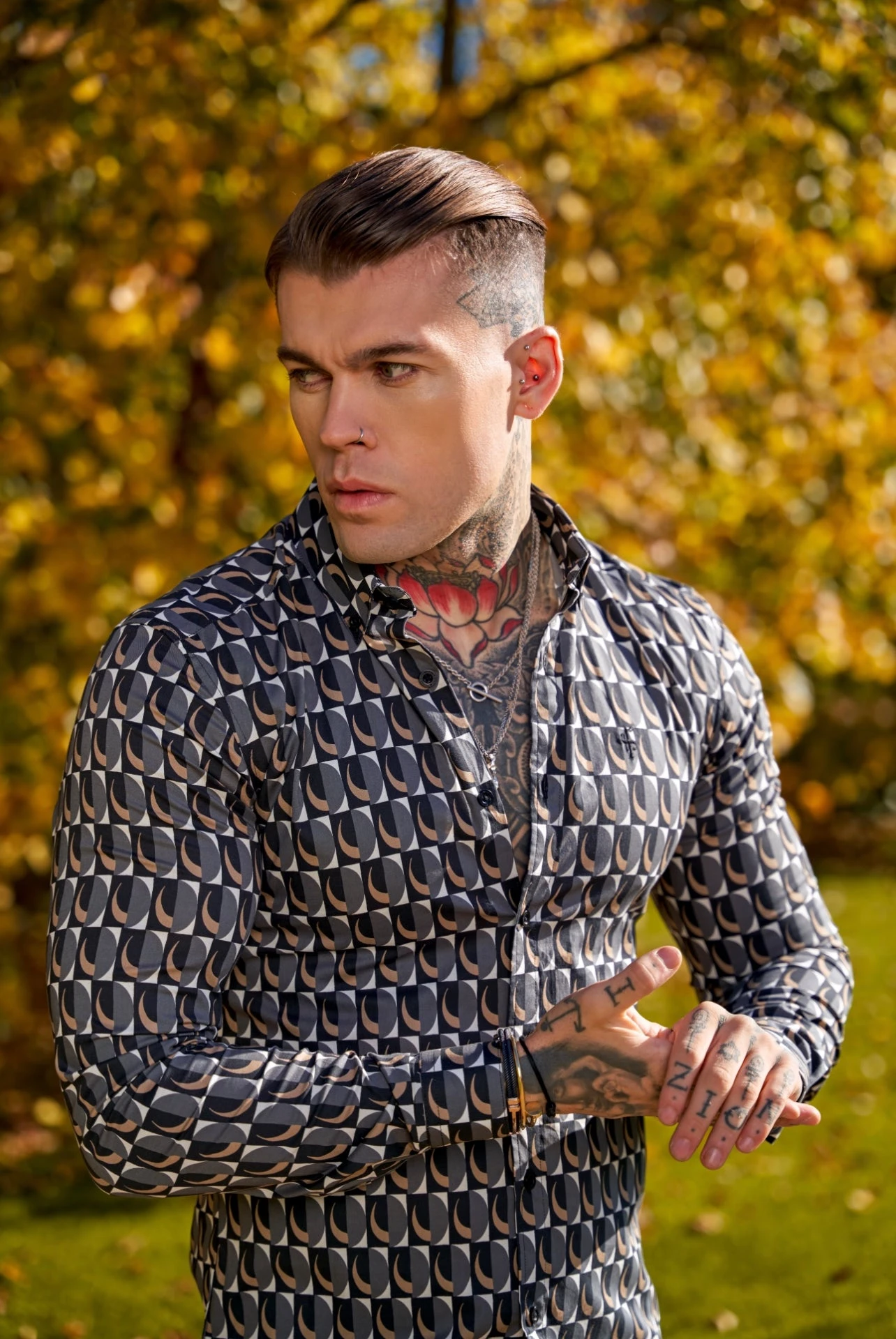 Father Sons Super Slim Stretch Black Multi Retro Print Long Sleeve With Button Down Collar - FS910 - Image 2