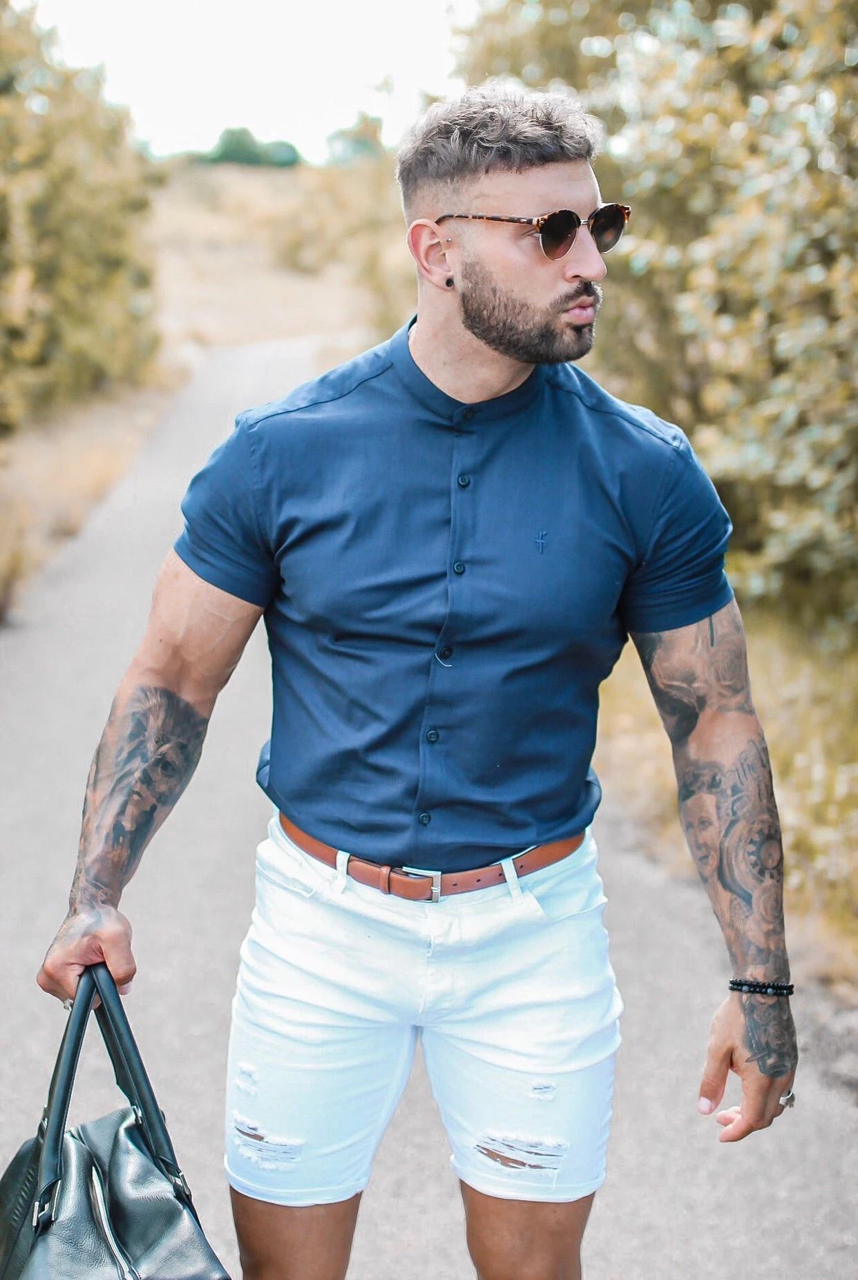 Father Sons Super Slim Stretch Grandad Collar Short Sleeve Classic Navy Oxford - FS584 - Image 8