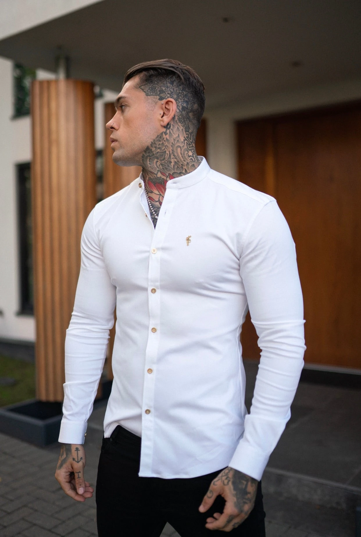 Father Sons Super Slim Stretch White Denim Long Sleeve Grandad Collar With Metal Buttons And Decal Emblem - FS719 - Image 5