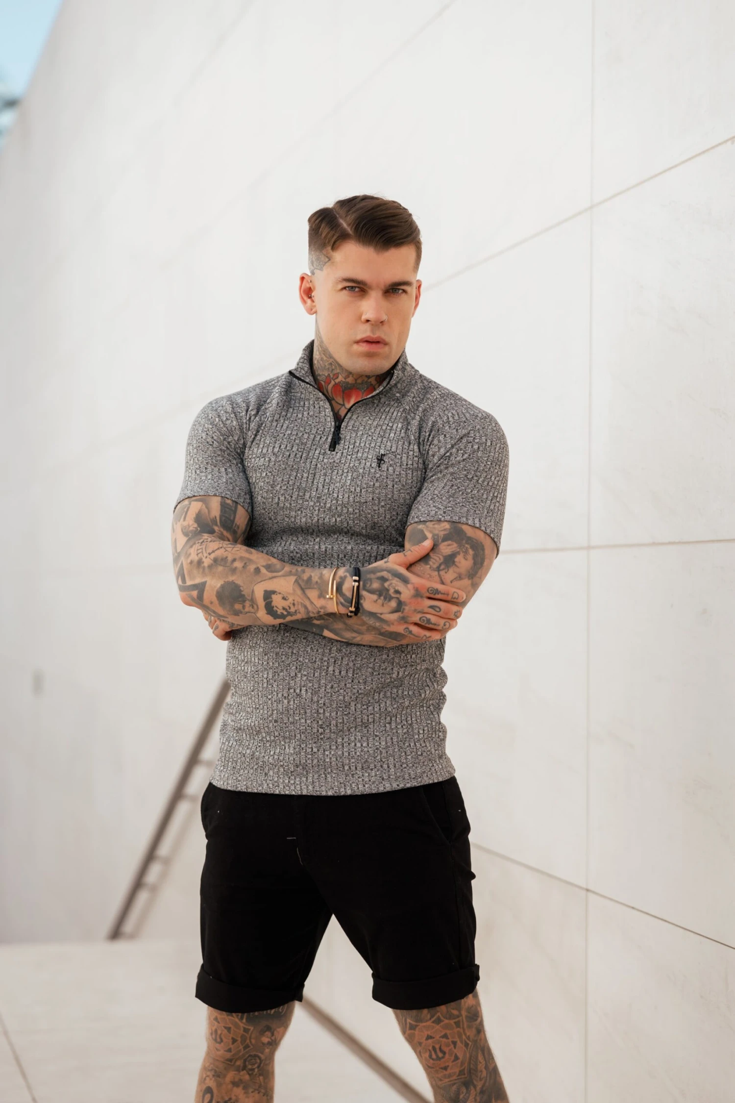 Father Sons Classic Grey Ribbed Zip Funnel Neck Raglan Short Sleeve Crew - FSH730 - Image 3
