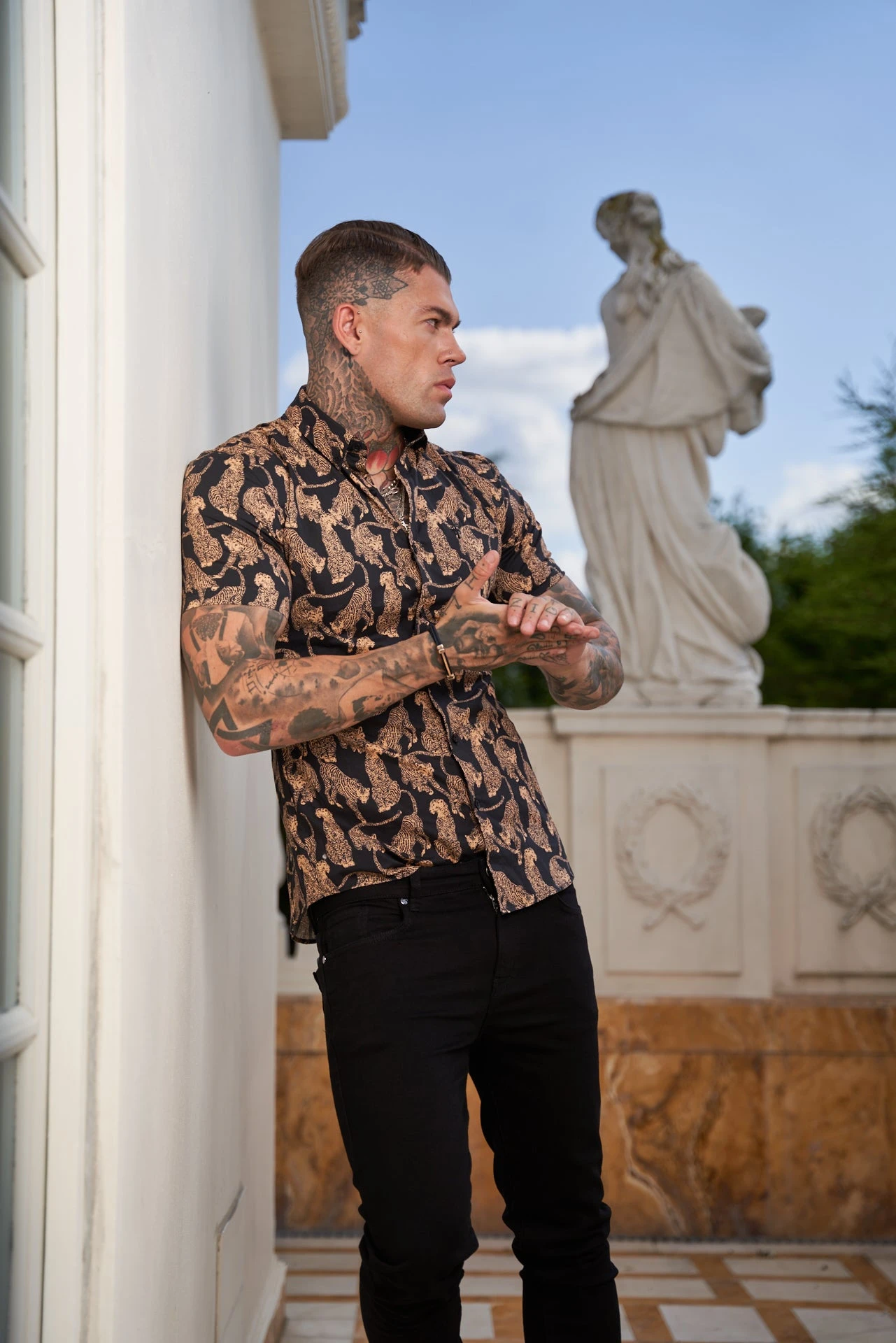 Father Sons Super Slim Stretch Black / Tan Cheetah Print Short Sleeve With Button Down Collar - FS789 - Image 4