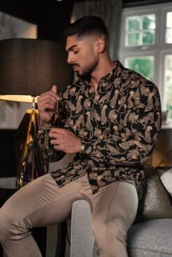 Father Sons Super Slim Stretch Black / Tan Cheetah Print Long Sleeve With Button Down Collar - FS795