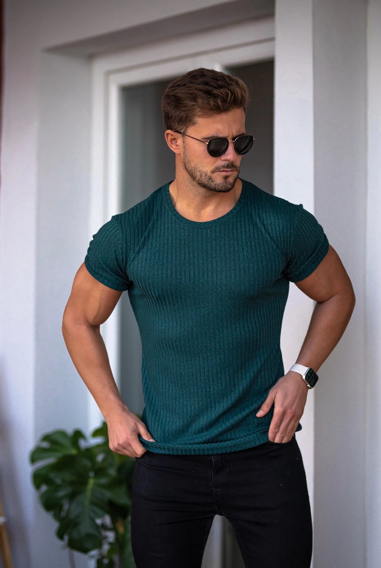 Father Sons Classic Forest Green Ribbed Knit Super Slim Short Sleeve Crew - FSH612 - Image 4
