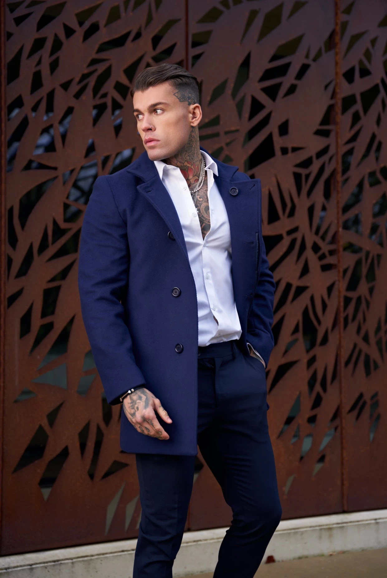 Father Sons Slim Cashmere Funnel Neck Coat Navy - FSCOAT003 - Image 5