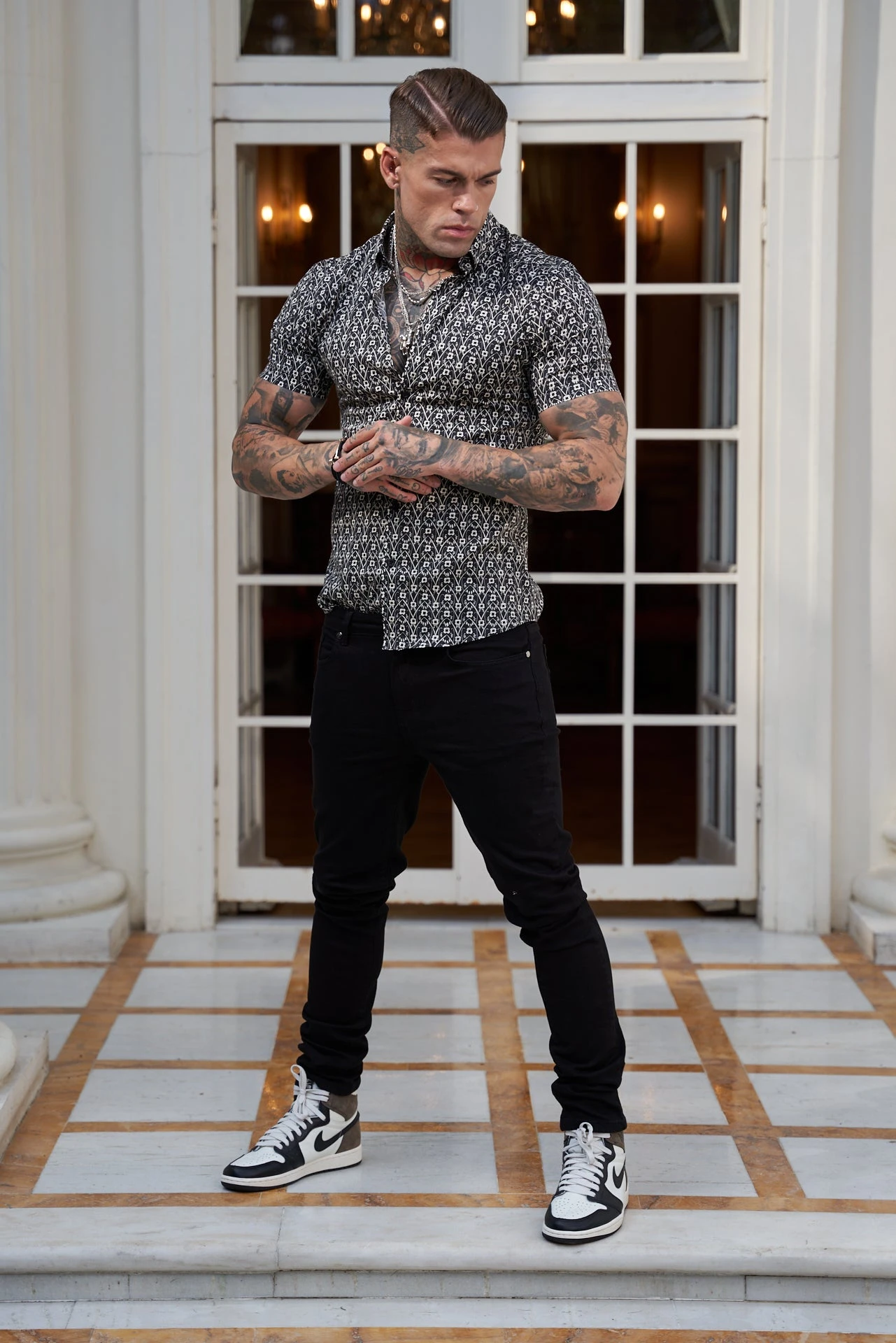 Father Sons Super Slim Stretch Black And Ecru Geo Flower Print Short Sleeve With Button Down Collar - FS787 - Image 7