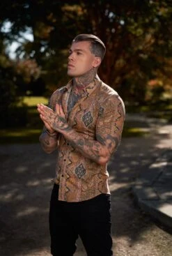 Father Sons Super Slim Stretch Tan Paisley Print Short Sleeve With Button Down Collar - FS891