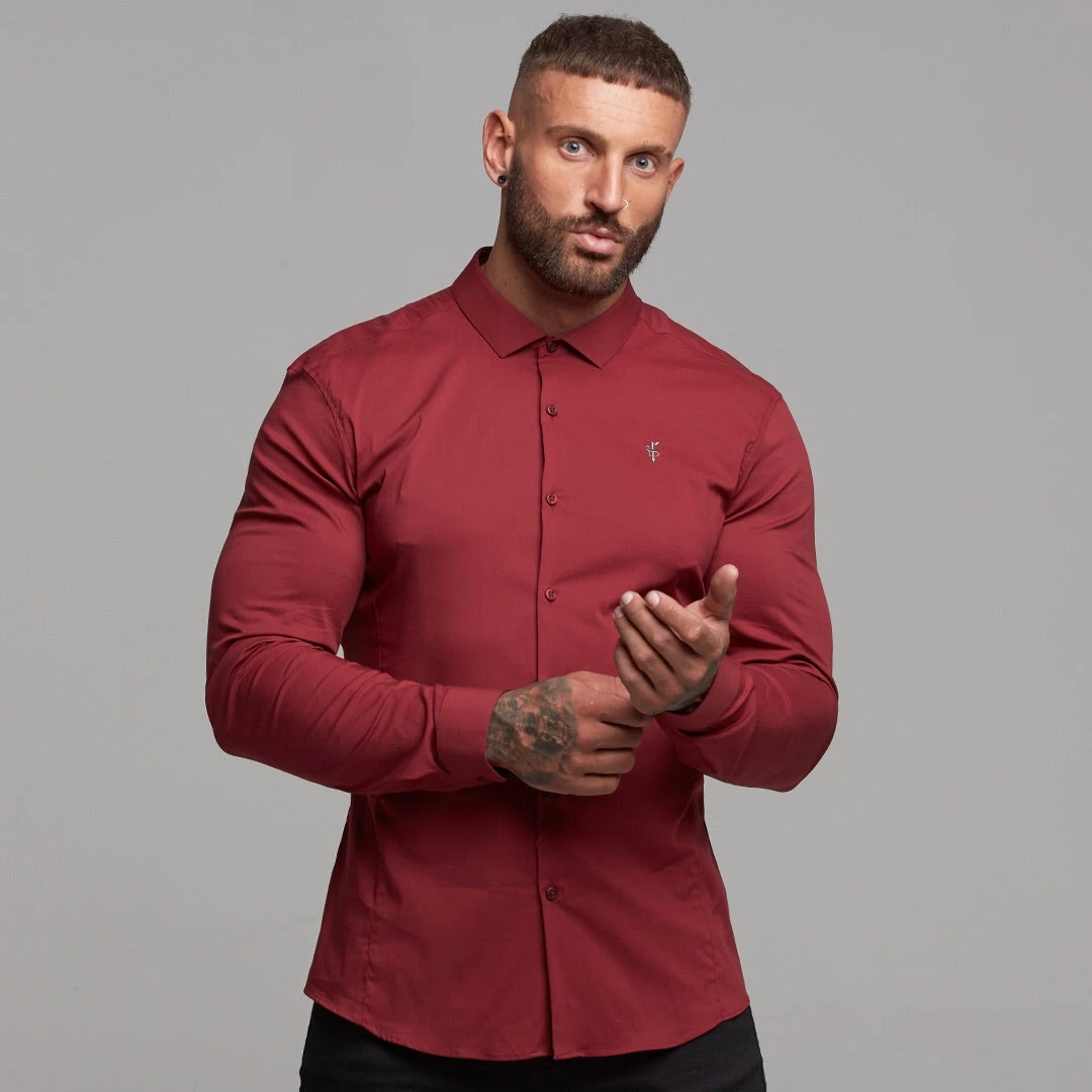 Father Sons Super Slim Stretch Classic Oxblood Panel Shirt (Grey Embroidery) - FS318 - Image 14