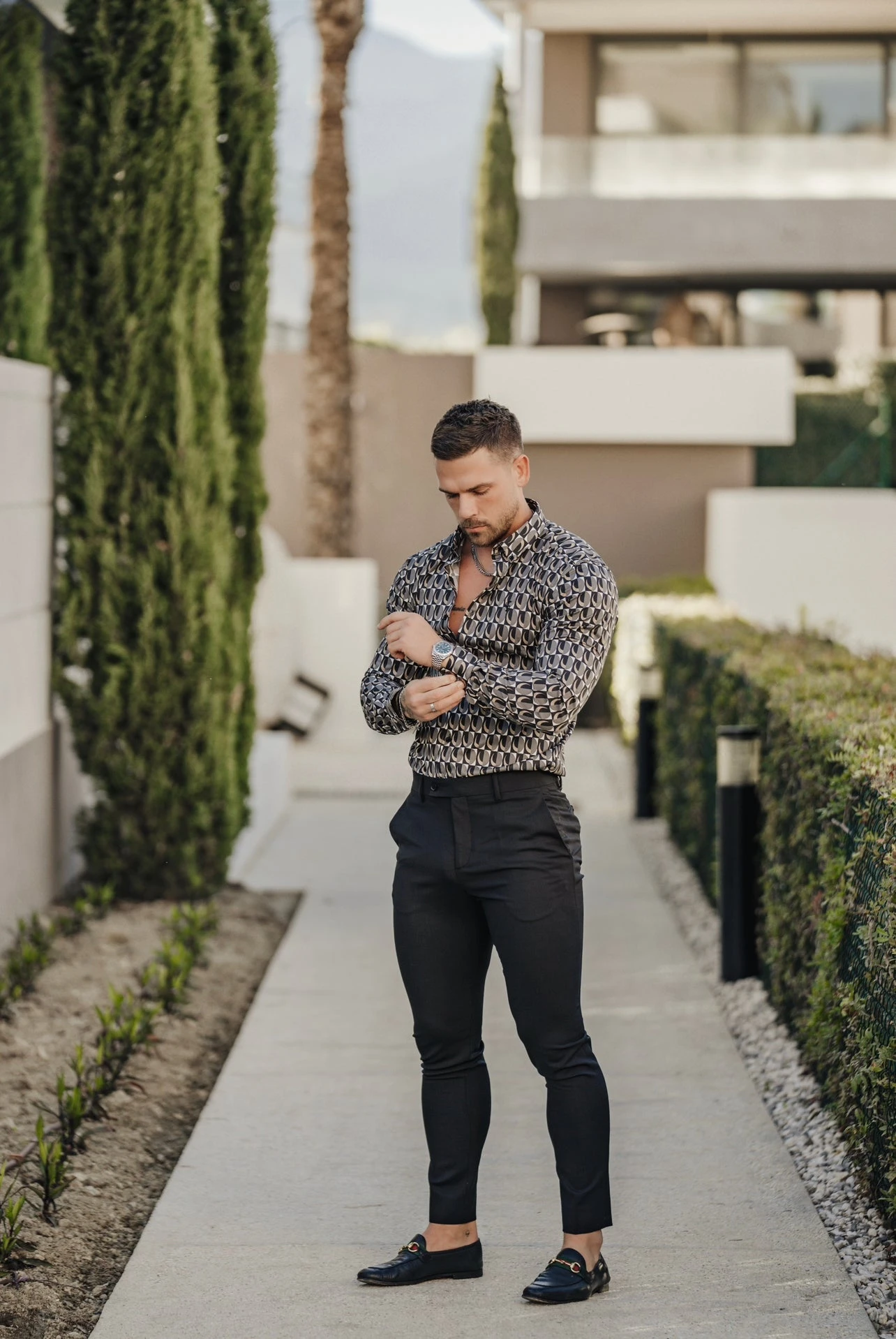 Father Sons Super Slim Stretch Black Multi Retro Print Long Sleeve With Button Down Collar - FS910 - Image 4