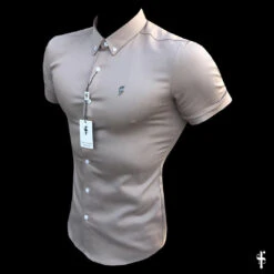 Father Sons Super Slim Stretch Beige Denim Short Sleeve With Metal Decal Emblem - FS647