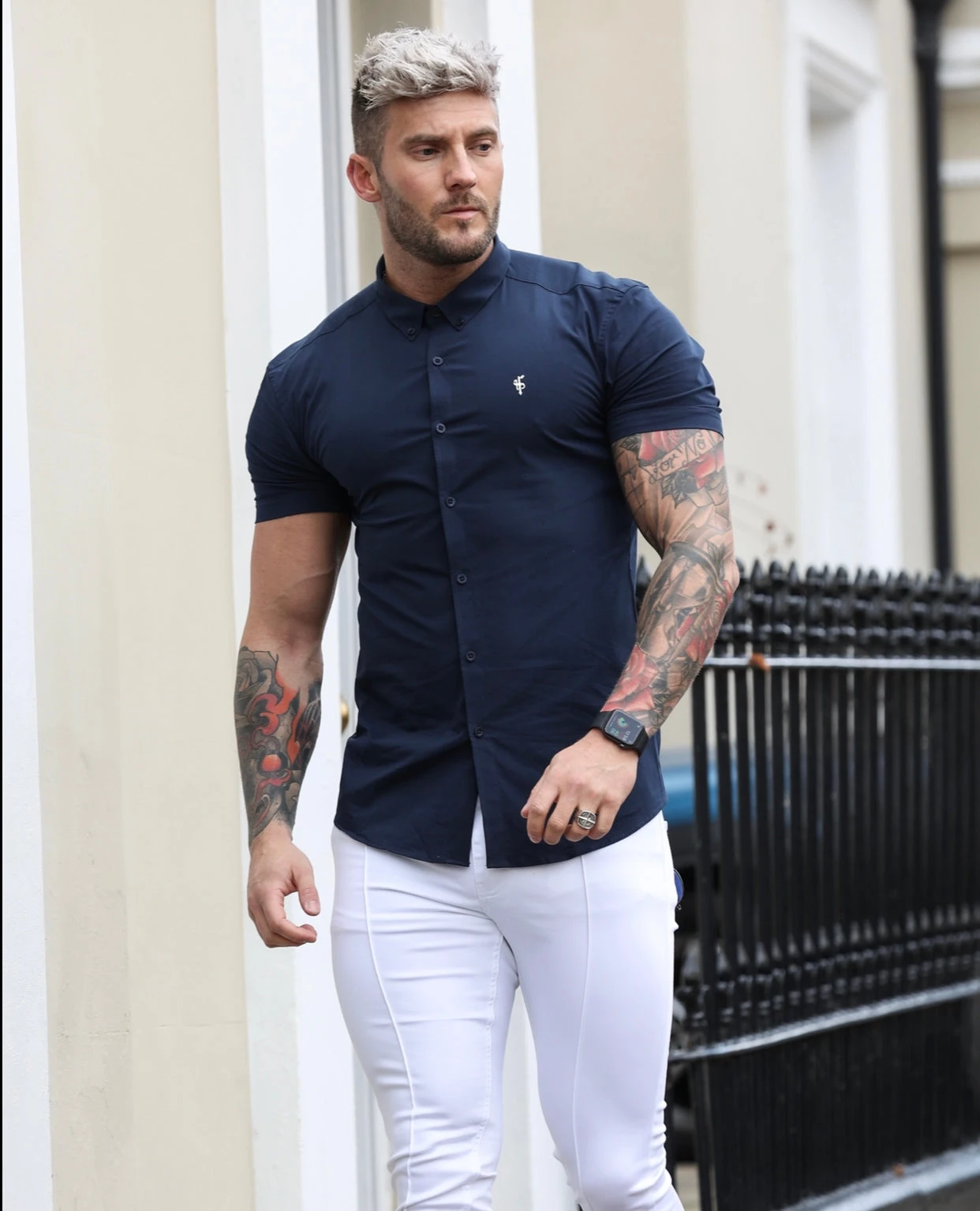 Father Sons Super Slim Stretch Classic Navy Short Sleeve With Button Down Collar - FS816
