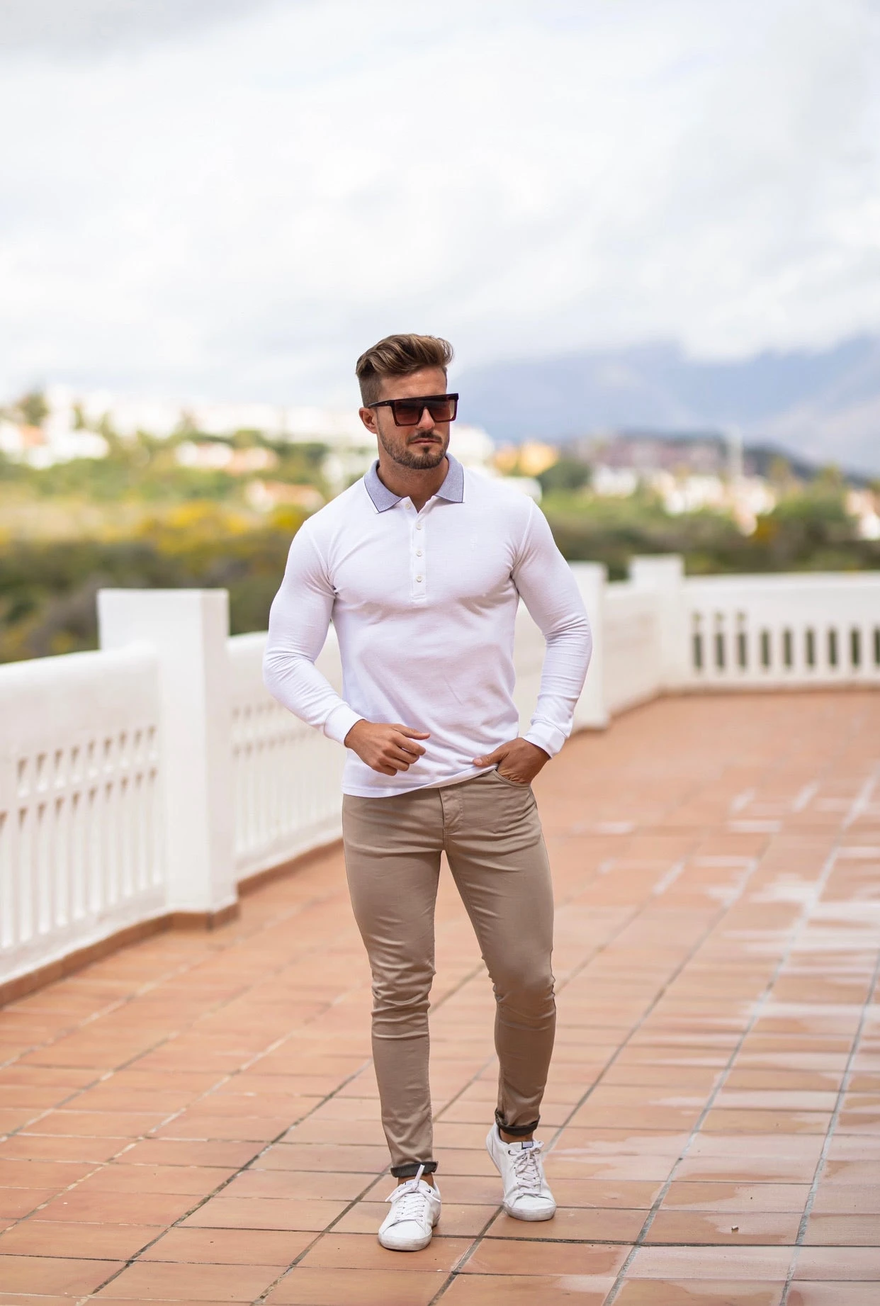 Father Sons Classic White Honeycomb Textured Polo Shirt With Contrast Collar Long Sleeve - FSH423 - Image 3
