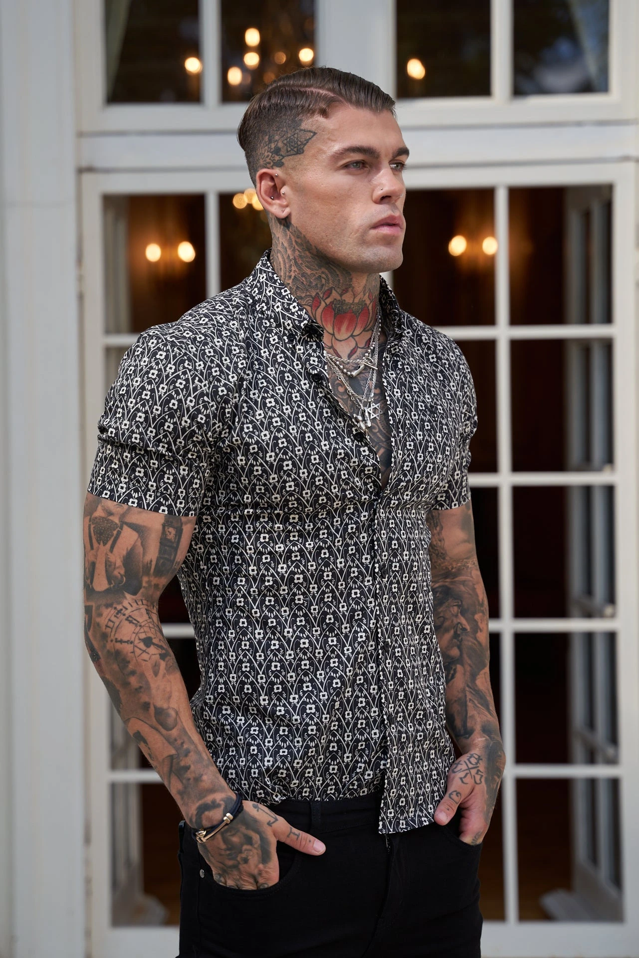 Father Sons Super Slim Stretch Black And Ecru Geo Flower Print Short Sleeve With Button Down Collar - FS787 - Image 8