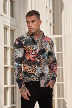 Father Sons Super Slim Stretch Multi Oriental Print Long Sleeve With Button Down Collar - FS771
