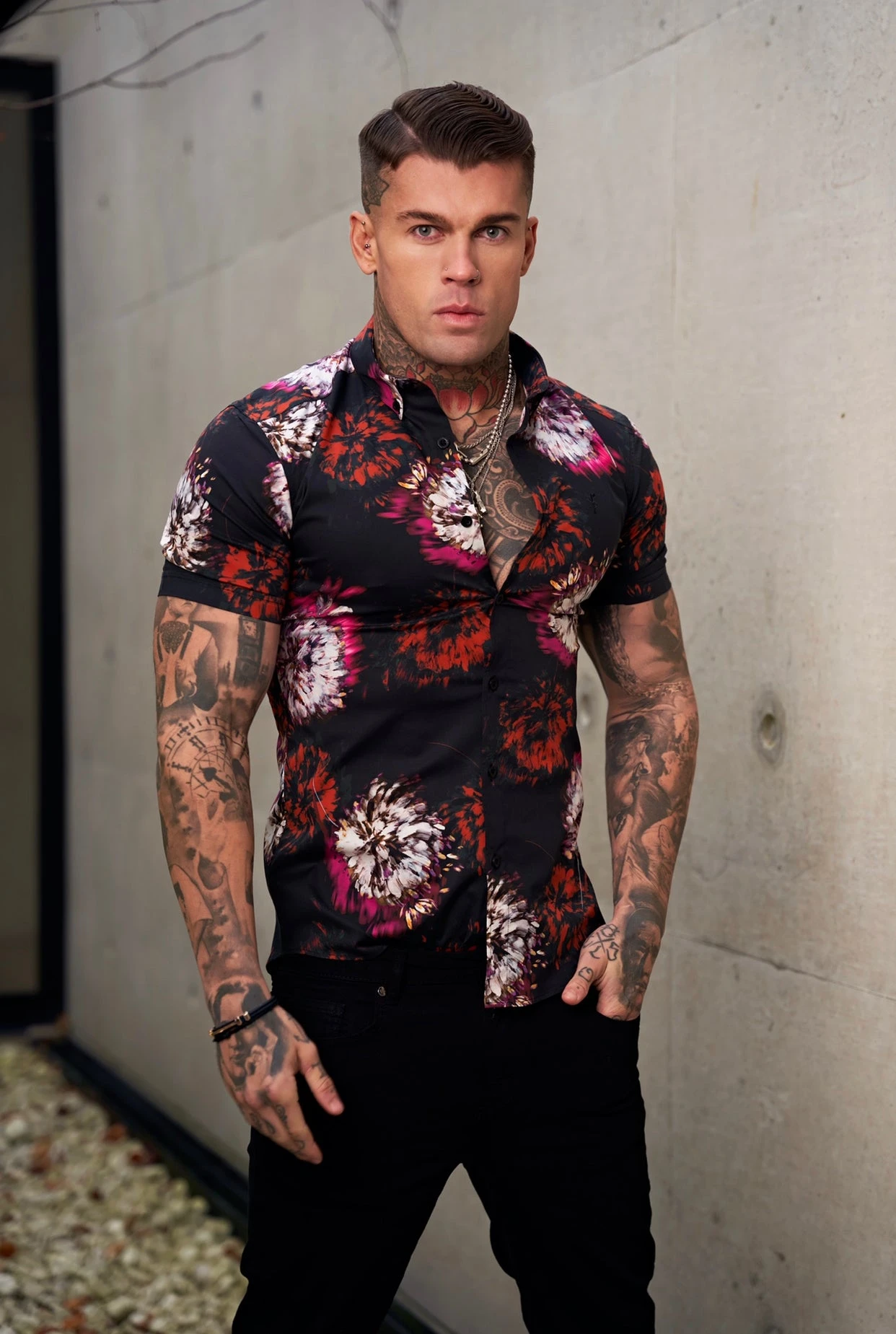 Father Sons Super Slim Stretch Black With Red / Pink Blurred Flower Print Short Sleeve With Button Down Collar - FS845 - Image 2