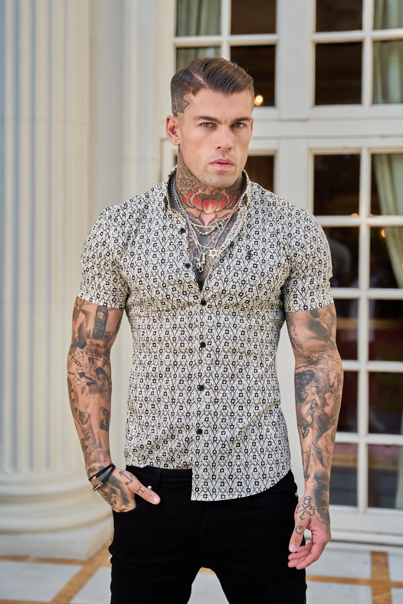 Father Sons Super Slim Stretch Ecru / Black Geo Flower Print Short Sleeve With Button Down Collar - FS788 - Image 12