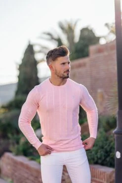 Father Sons Classic Long Sleeve Baby Pink Knitted Wide Rib Crew With Silver Emblem - FSH736