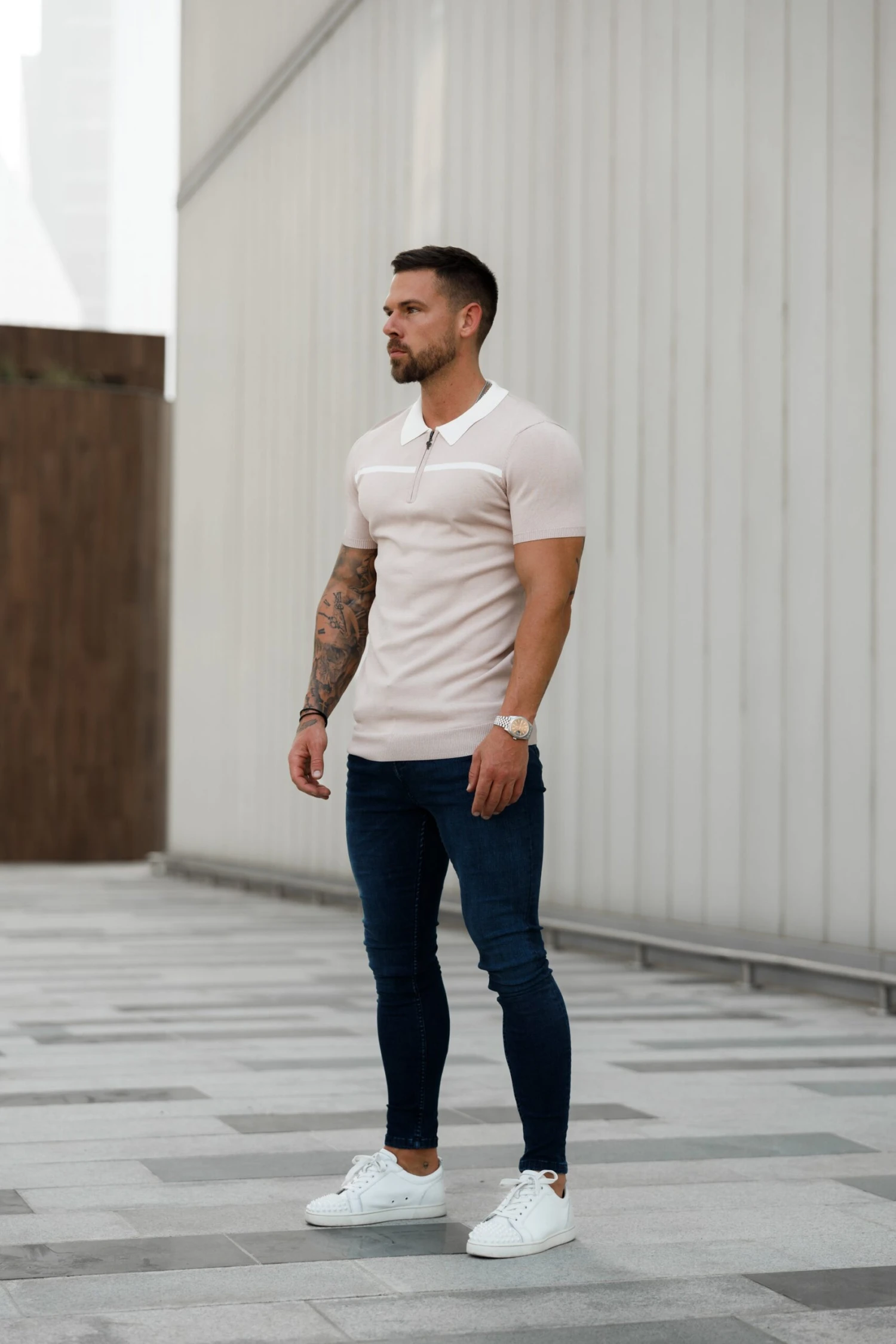 Father Sons Classic Beige / White Horizontal Stripe Zipped Polo Short Sleeve - FSN041 - Image 10