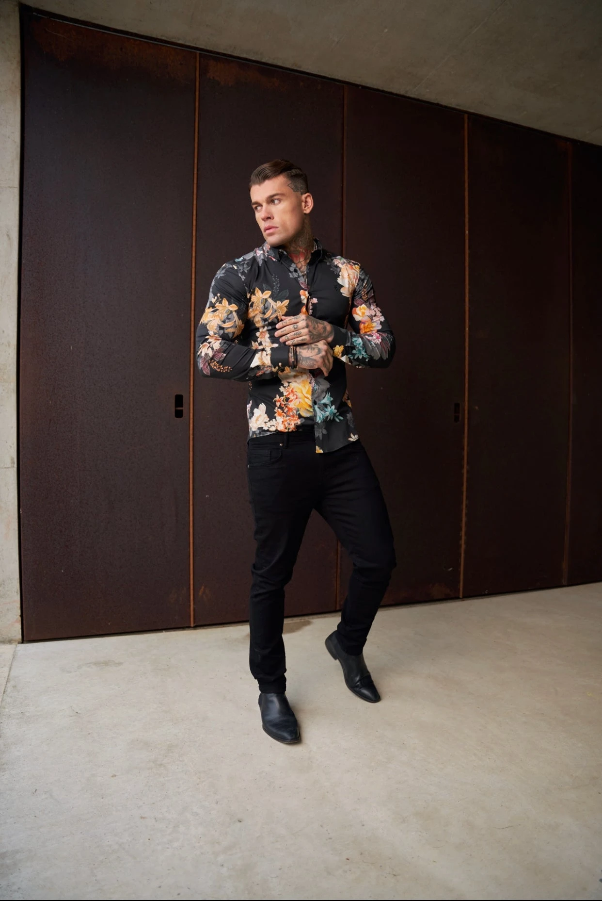 Father Sons Super Slim Stretch Black Mixed Lily Floral Print Long Sleeve With Button Down Collar - FS854 - Image 4