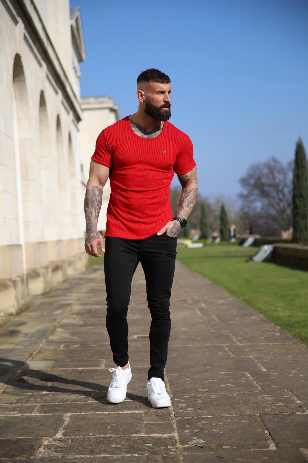 Father Sons Classic Red Ribbed Knit Super Slim Short Sleeve Crew With Black Decal - FSH614 - Image 3