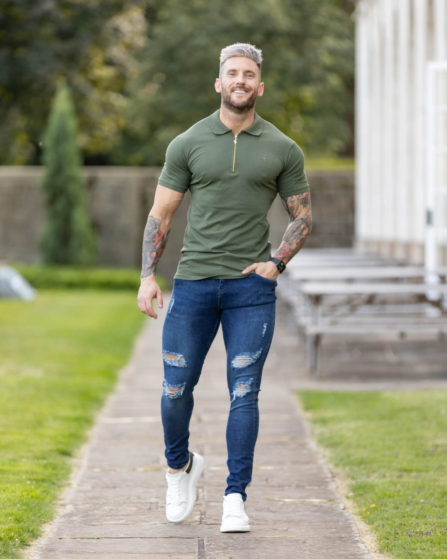 Father Sons Classic Khaki And Gold Zipped Polo Shirt - FSH810 - Image 7