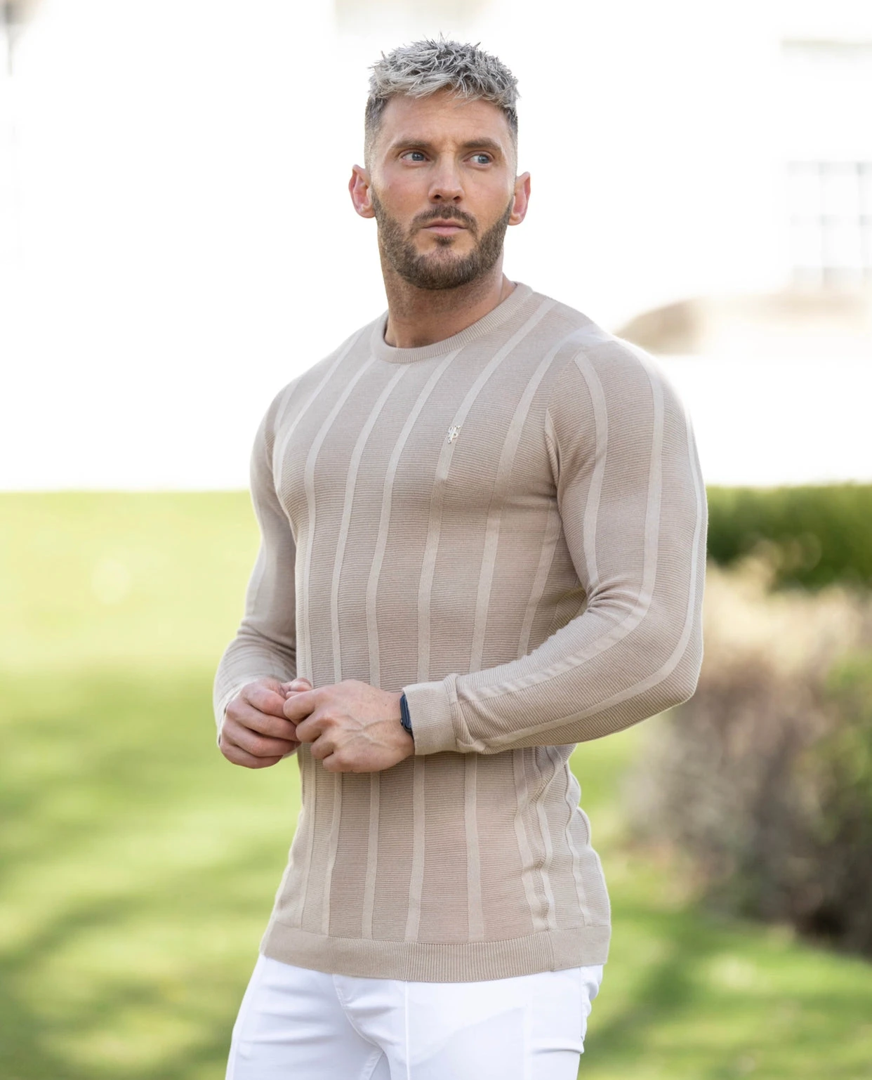 Father Sons Classic Long Sleeve Oatmeal Knitted Wide Rib Crew With Gold Emblem - FSH740 - Image 5
