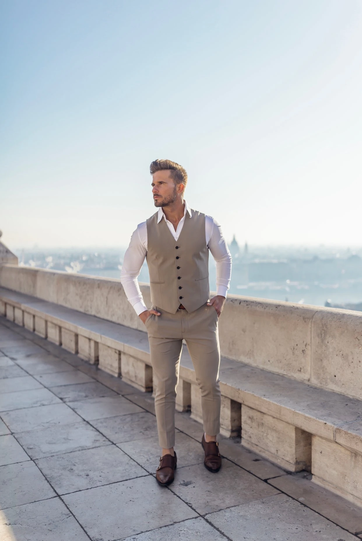 Father Sons Slim Formal Waistcoat Plain Beige - FSW003 - Image 2