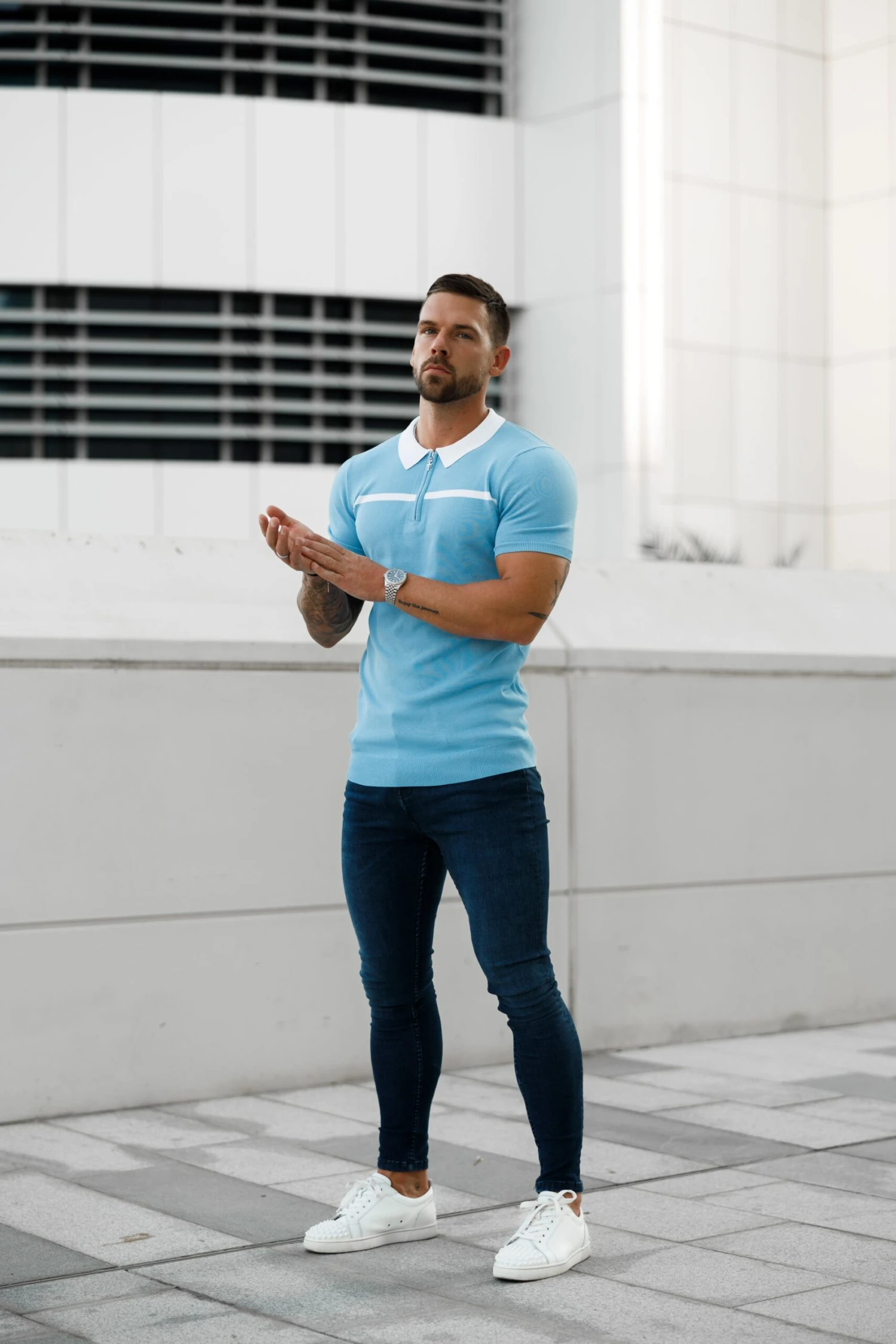 Father Sons Classic Sky Blue / White Horizontal Stripe Zipped Polo Short Sleeve - FSN058 - Image 7