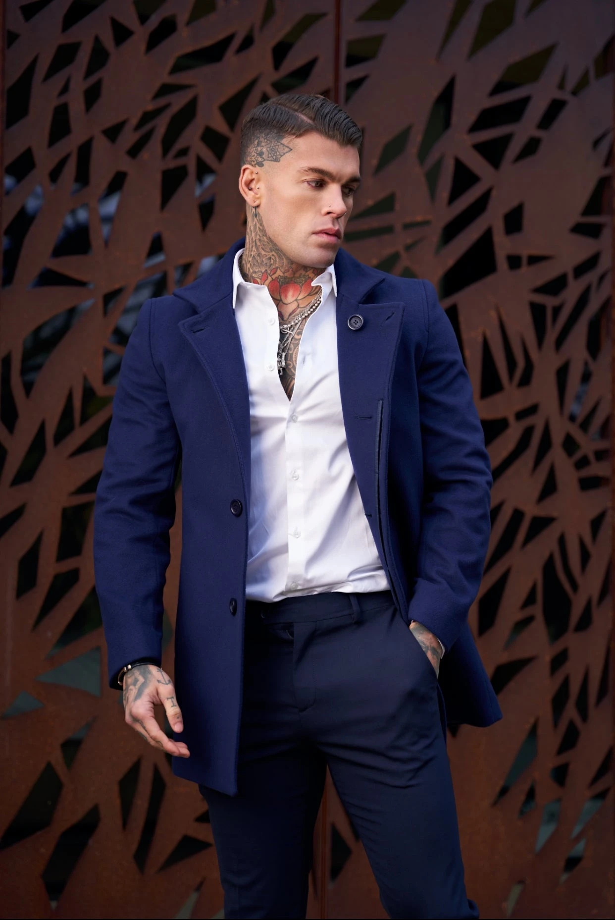 Father Sons Slim Cashmere Funnel Neck Coat Navy - FSCOAT003 - Image 2