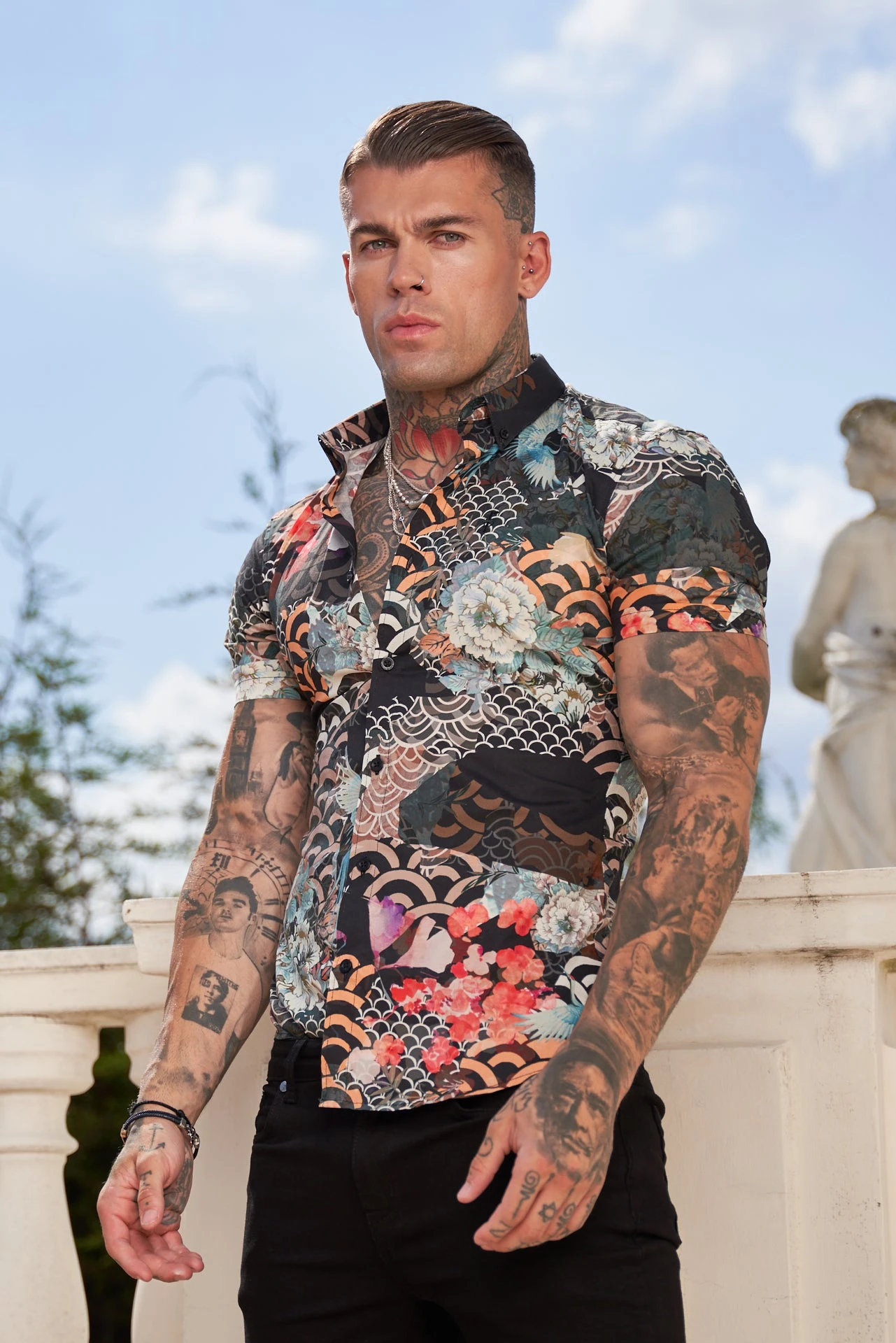 Father Sons Super Slim Stretch Multi Oriental Print Short Sleeve With Button Down Collar - FS766 - Image 3