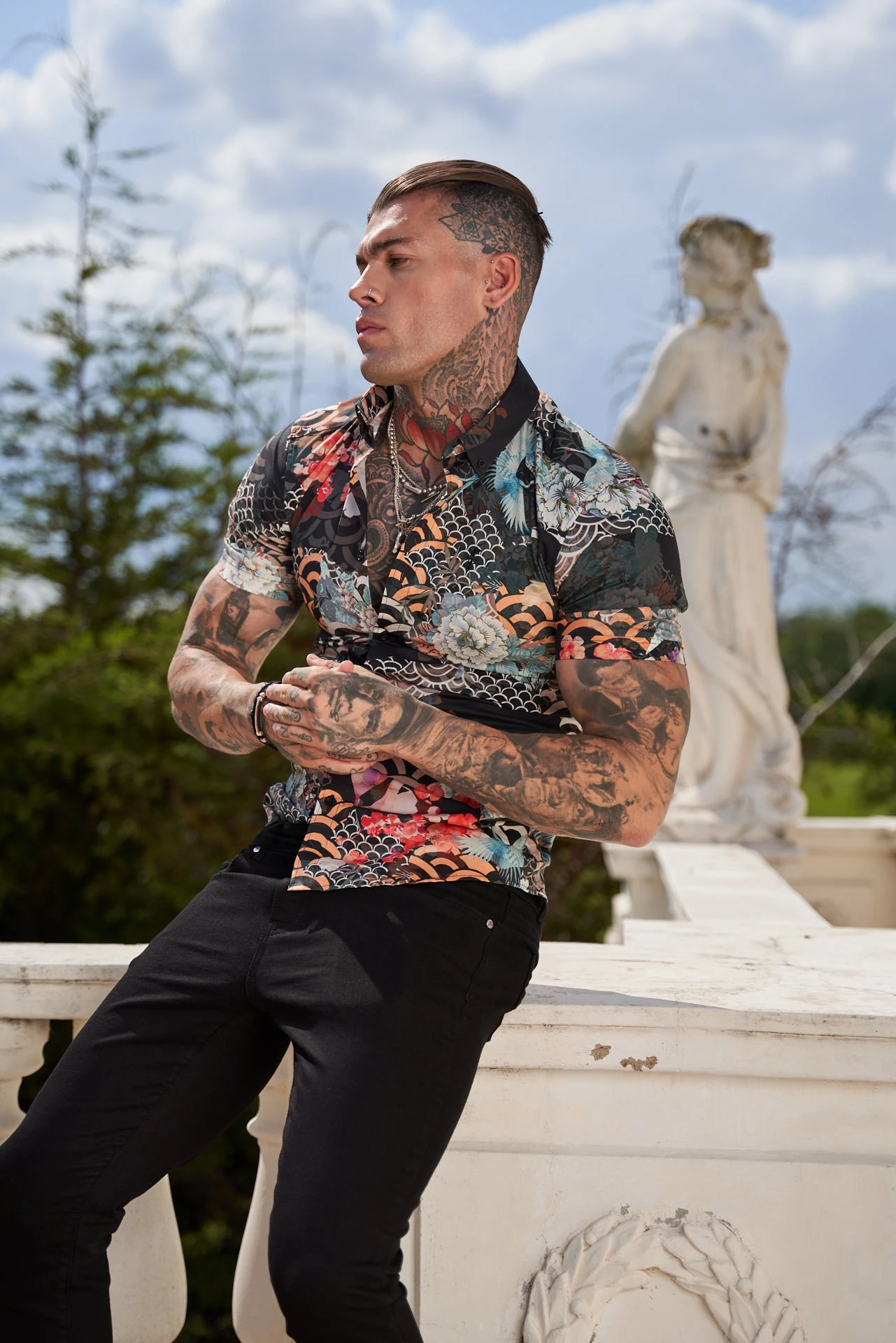 Father Sons Super Slim Stretch Multi Oriental Print Short Sleeve With Button Down Collar - FS766 - Image 7