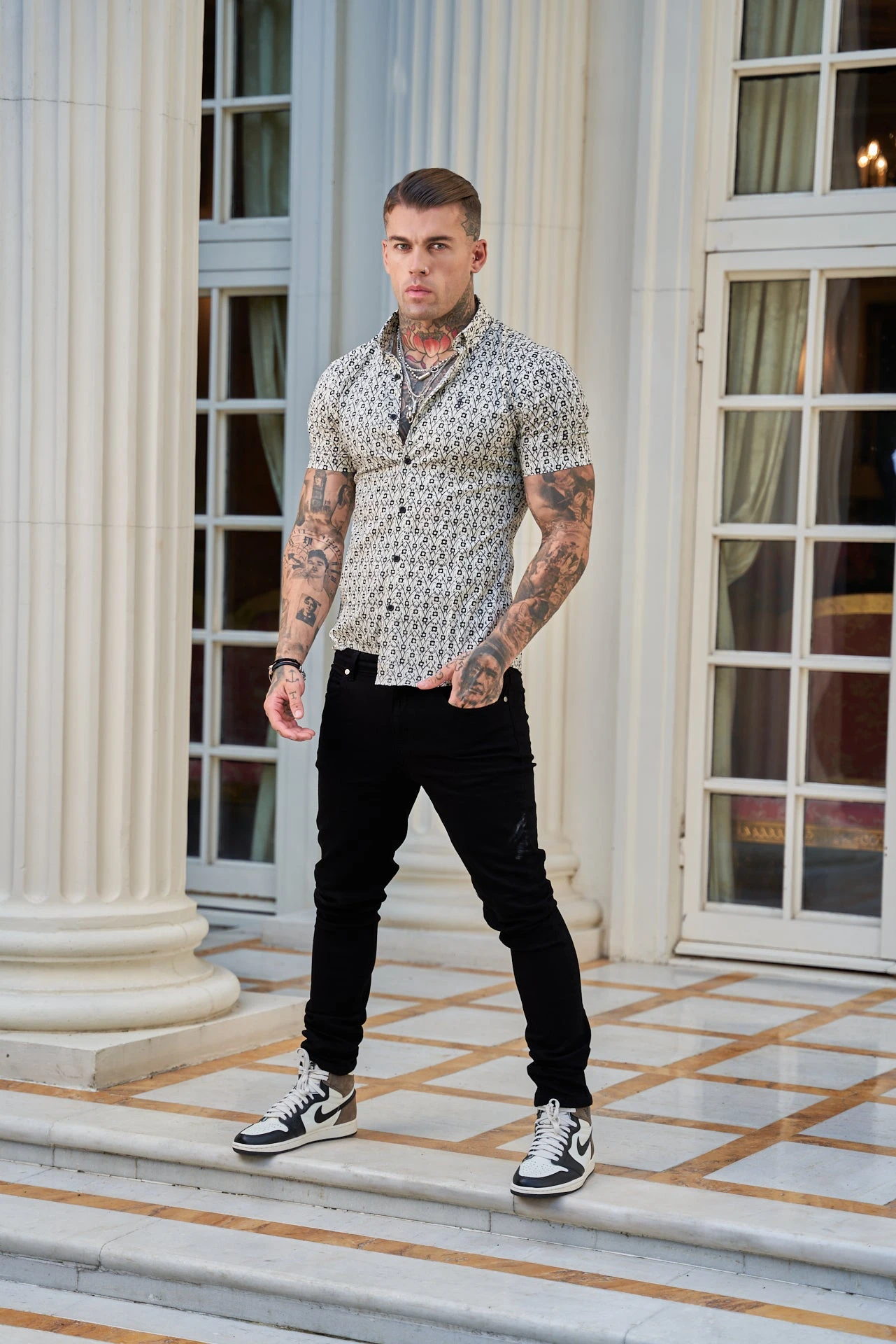 Father Sons Super Slim Stretch Ecru / Black Geo Flower Print Short Sleeve With Button Down Collar - FS788 - Image 2