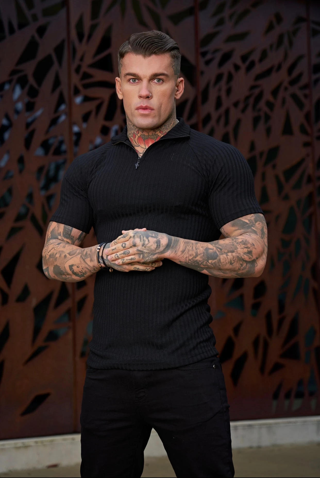 Father Sons Classic Black Ribbed Zip Funnel Neck Raglan Short Sleeve Crew - FSH729 - Image 8