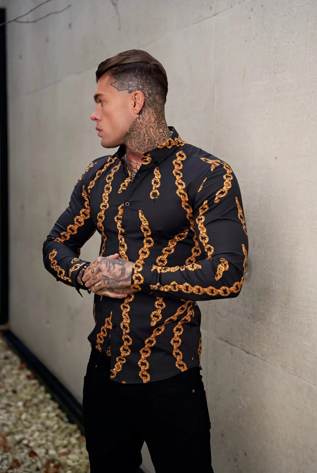 Father Sons Super Slim Stretch Black / Gold Chain Print Long Sleeve With Button Down Collar - FS856 - Image 4