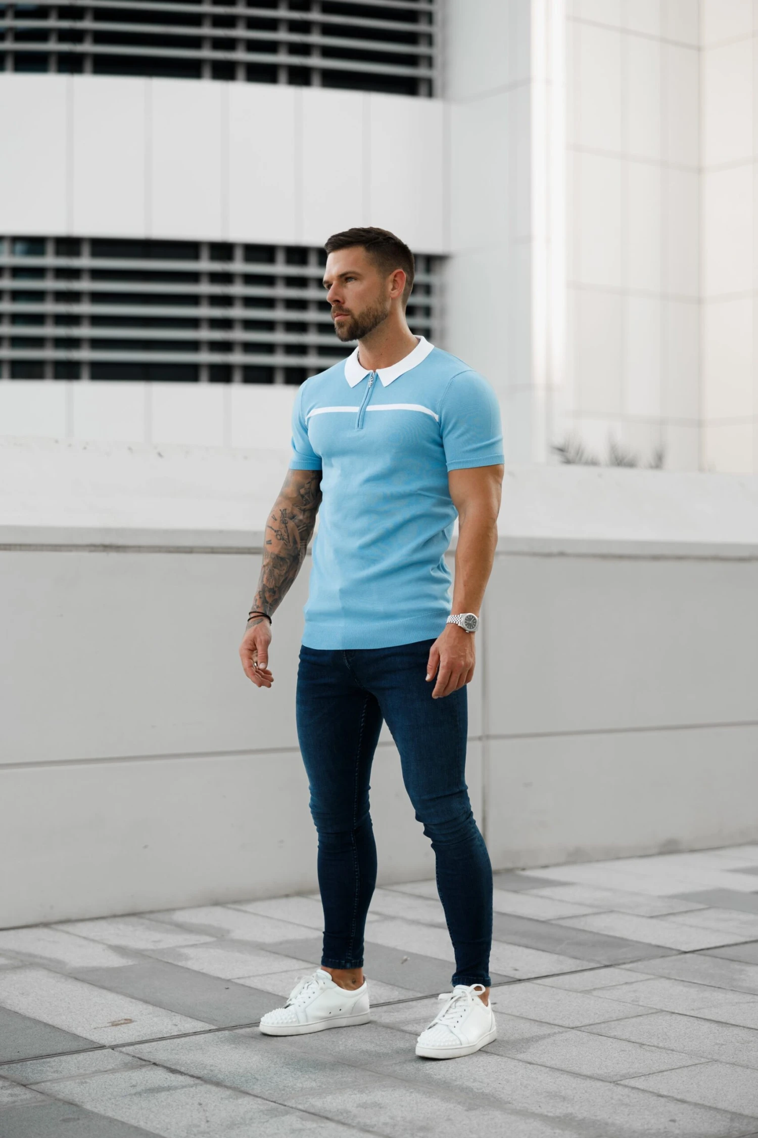 Father Sons Classic Sky Blue / White Horizontal Stripe Zipped Polo Short Sleeve - FSN058 - Image 5