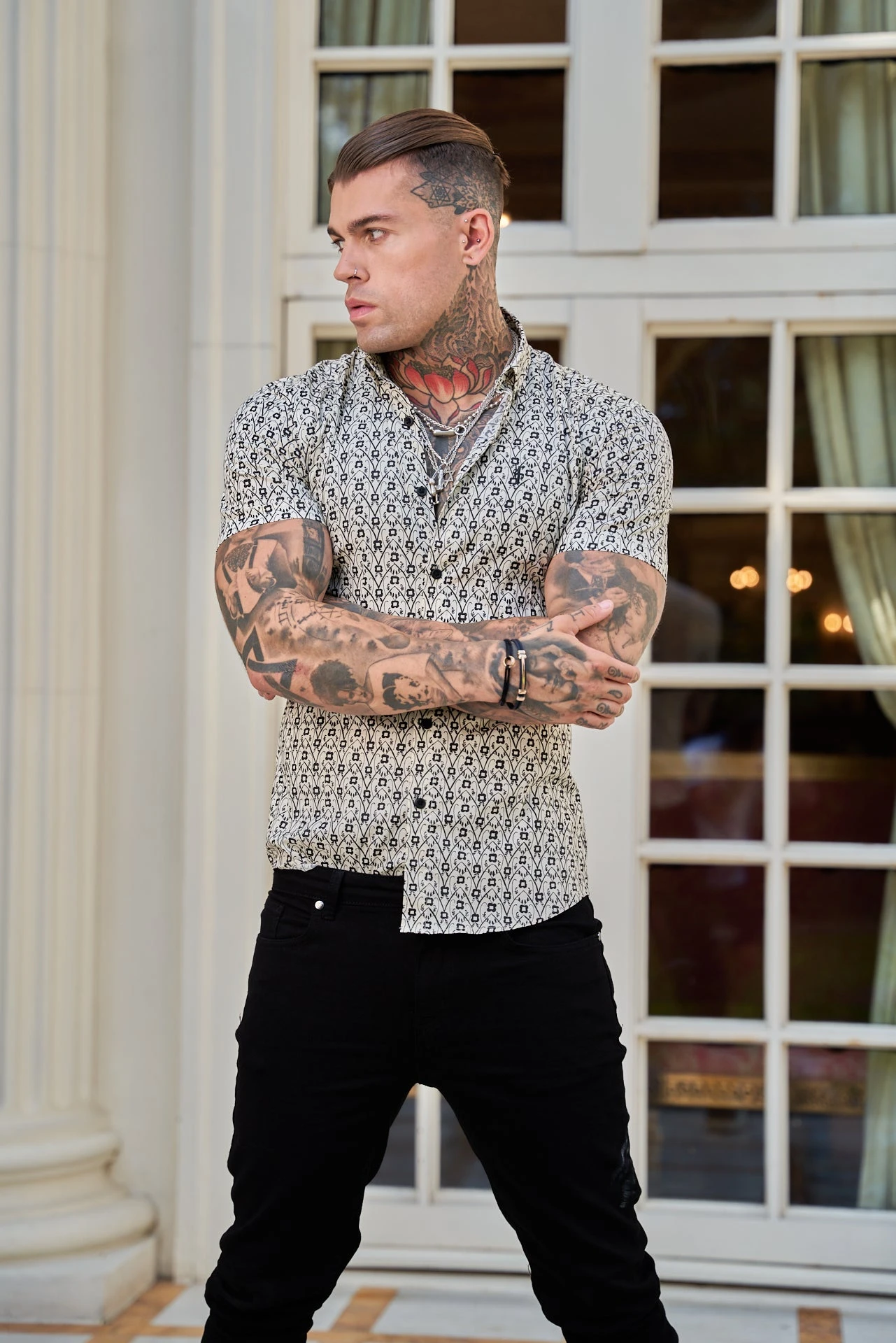 Father Sons Super Slim Stretch Ecru / Black Geo Flower Print Short Sleeve With Button Down Collar - FS788 - Image 6