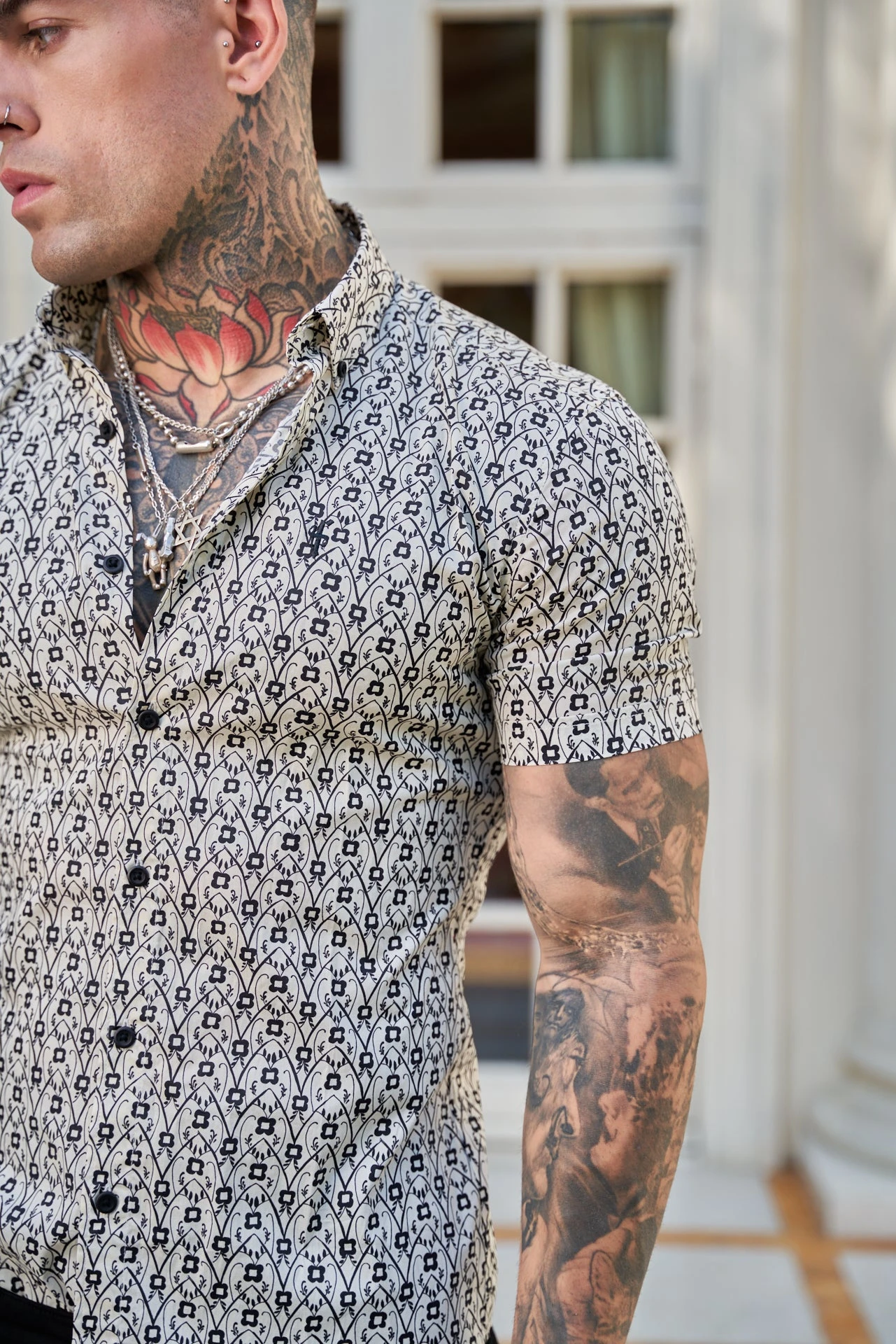 Father Sons Super Slim Stretch Ecru / Black Geo Flower Print Short Sleeve With Button Down Collar - FS788 - Image 4