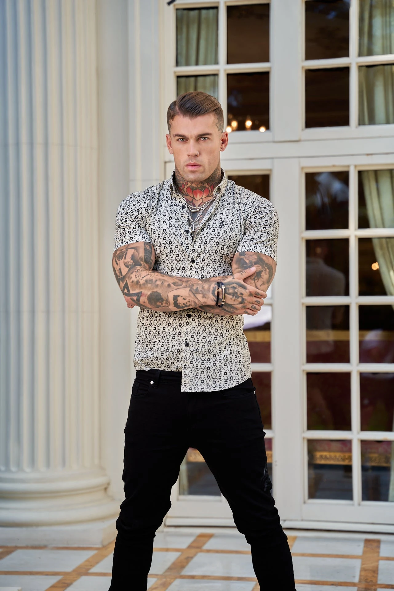 Father Sons Super Slim Stretch Ecru / Black Geo Flower Print Short Sleeve With Button Down Collar - FS788 - Image 7