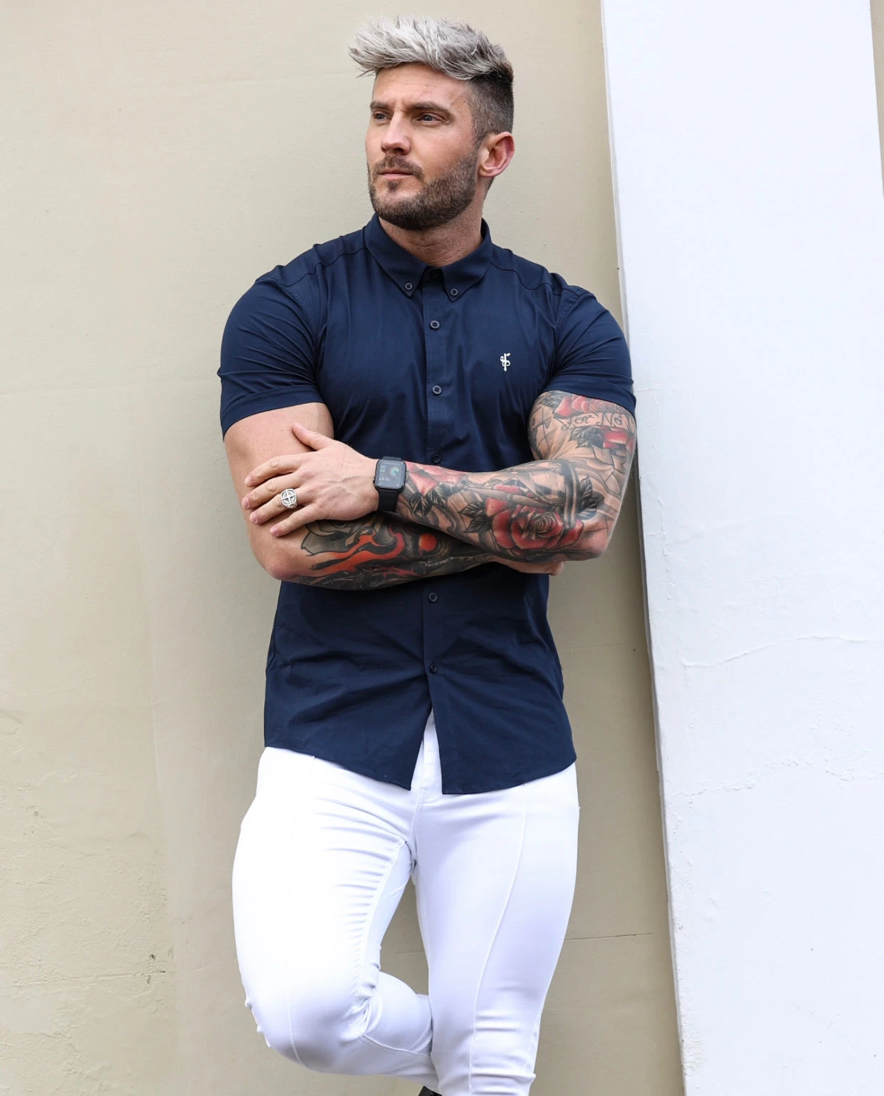 Father Sons Super Slim Stretch Classic Navy Short Sleeve With Button Down Collar - FS816 - Image 2