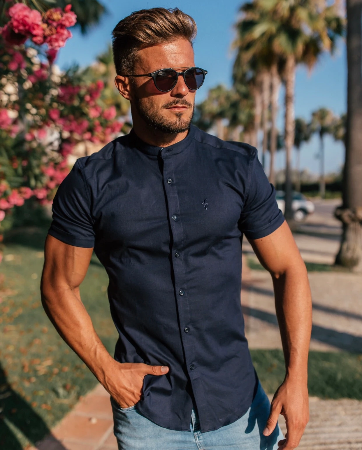 Father Sons Super Slim Stretch Grandad Collar Short Sleeve Classic Navy Oxford - FS584 - Image 4